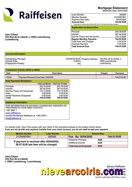 Luxembourg Banque Raiffeisen mortgage statement Word and PDF template